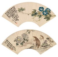 王礼 1876年作 牵牛花 菊花禽鸟（两幅） 扇面镜心